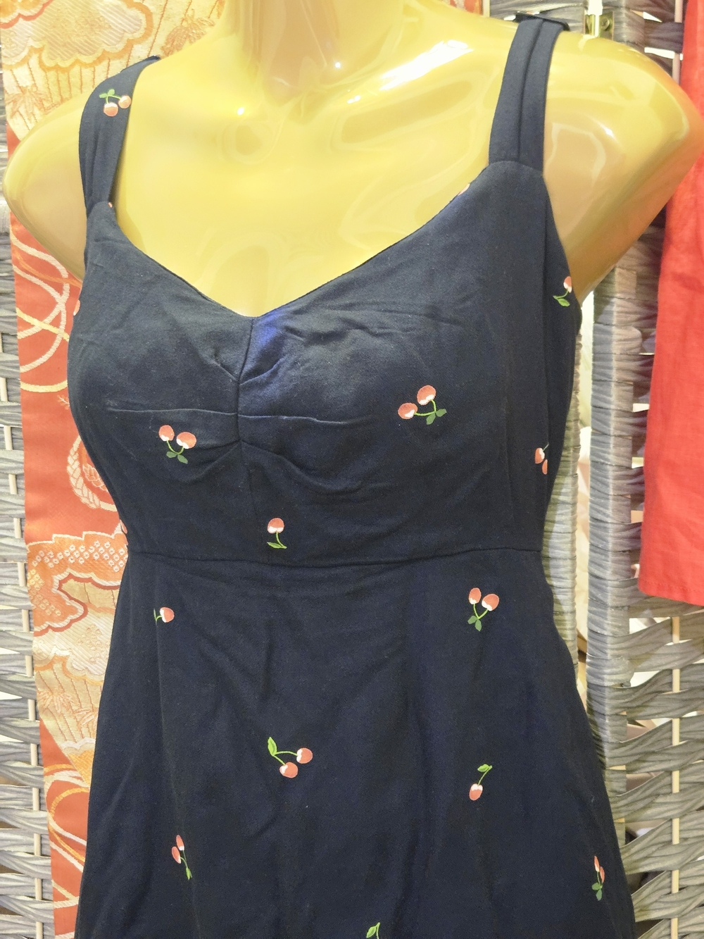 Old Navy Navy Blue Smocked Back Sundress with Cherry Embroidery L